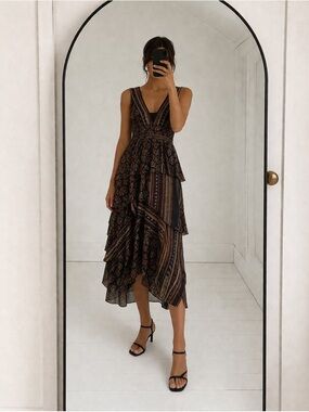 A.L.C. Hayley Scarf-Print Tiered Silk Midi Dress Boho Vacation Spring Size 2.